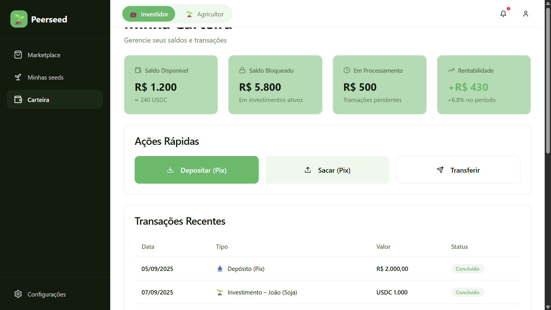 Tela Carteira do Investidor