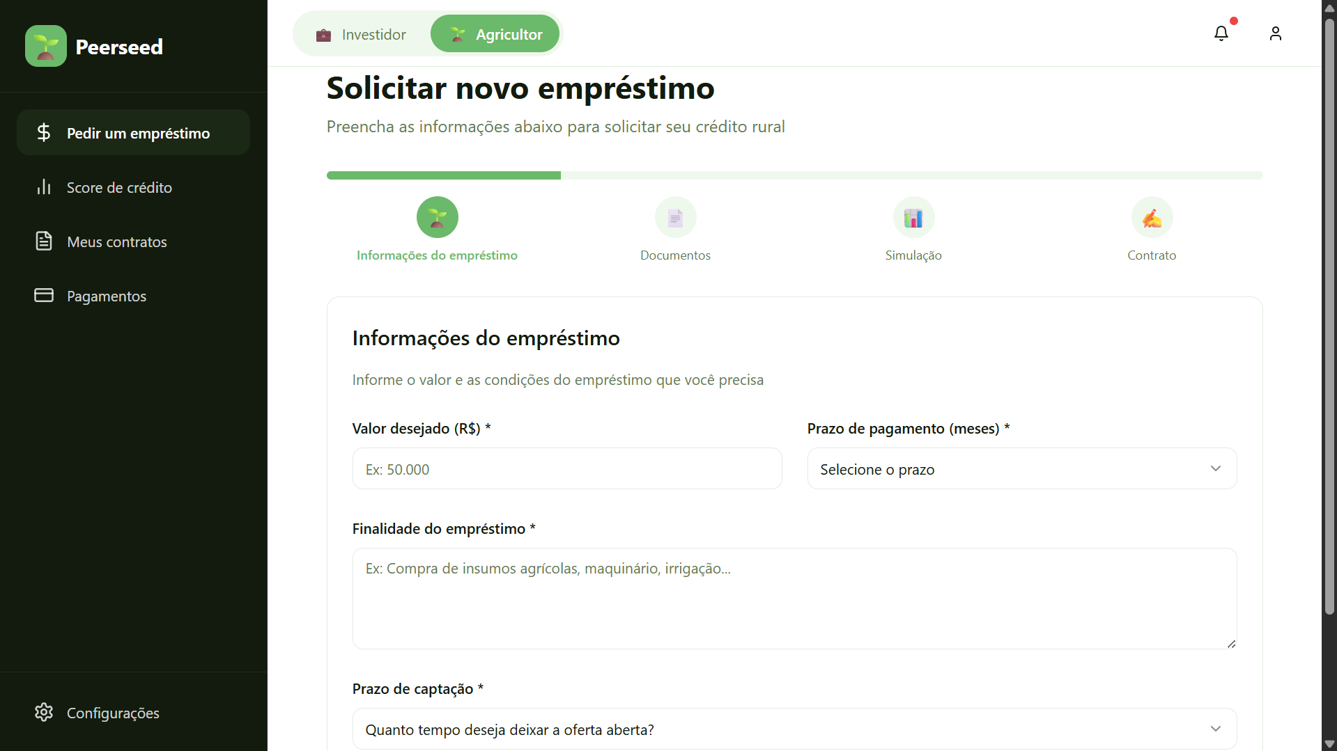 Tela Solicitar Empréstimo